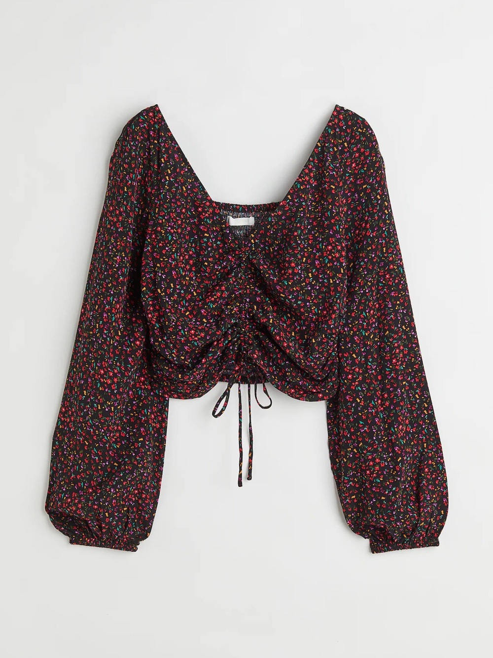 H&M Black Floral Drawstring Ruched Crop Top